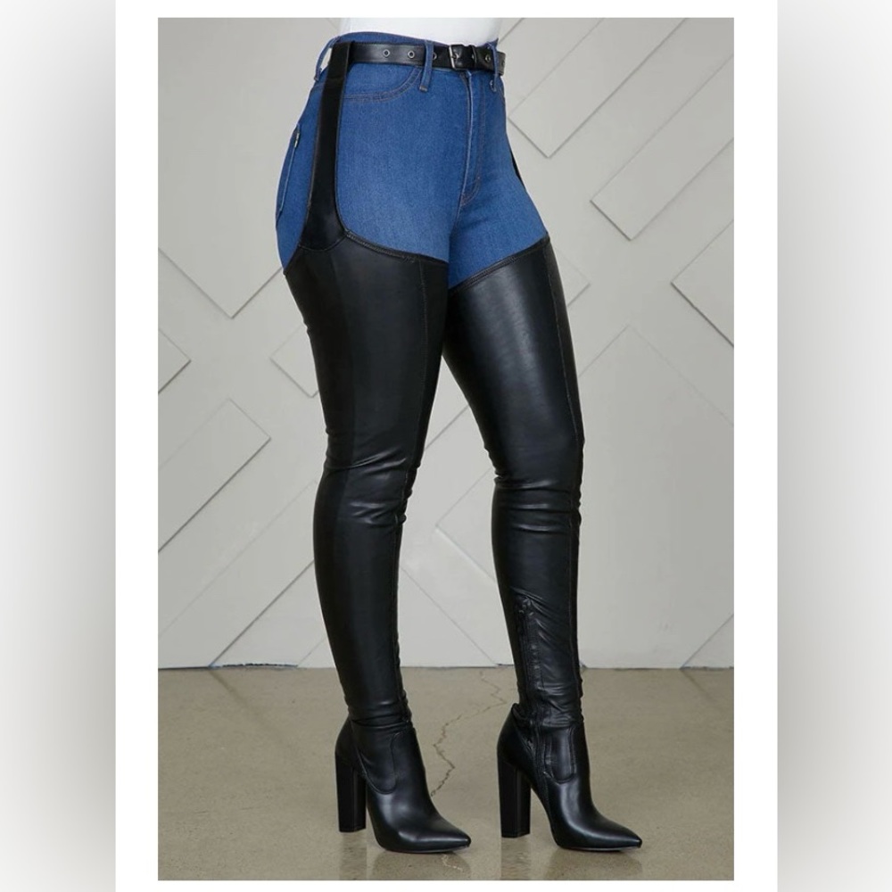 Black Thigh High Leather Boots with attached Belt
